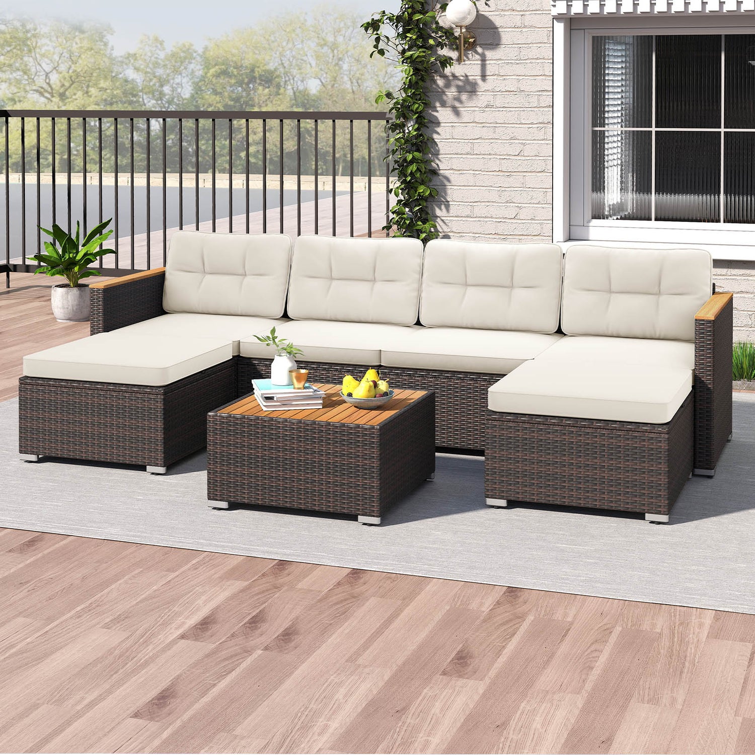 7 Pieces Wicker Conversation Set with Wood Armrests for Backyard-White