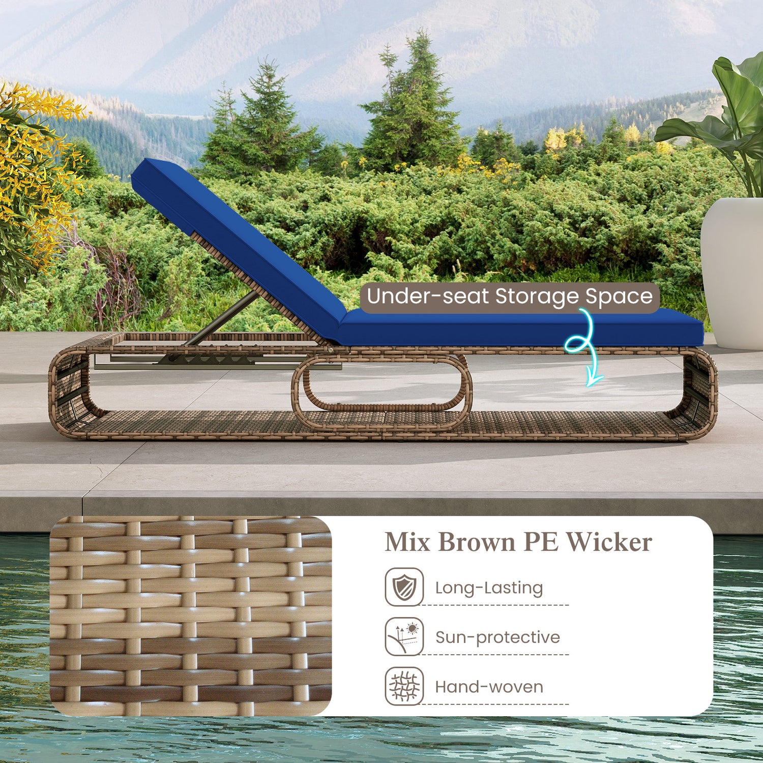 7-Position Adjustable PE Rattan Outdoor Chaise Lounge Chair