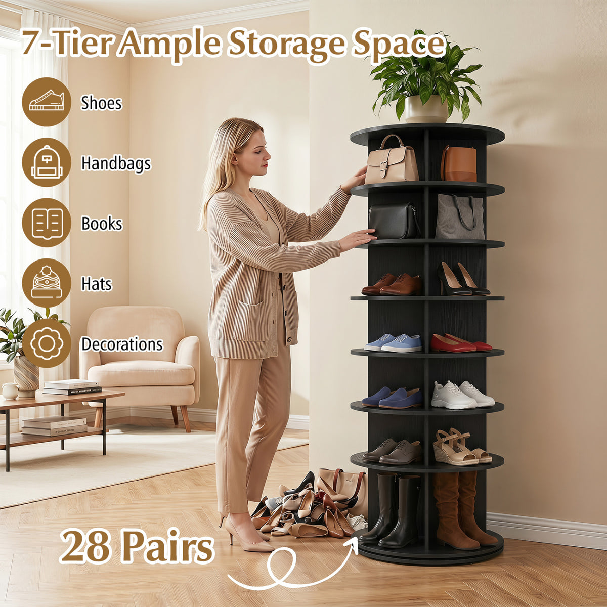 7-Tier Rotating Shoe Rack Tower Freestanding Spinning Shoe Organizer