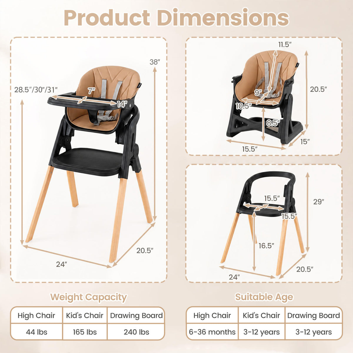 7-in-1 Convertible Foldable Baby High Chair with Adjustable Tray for Kids