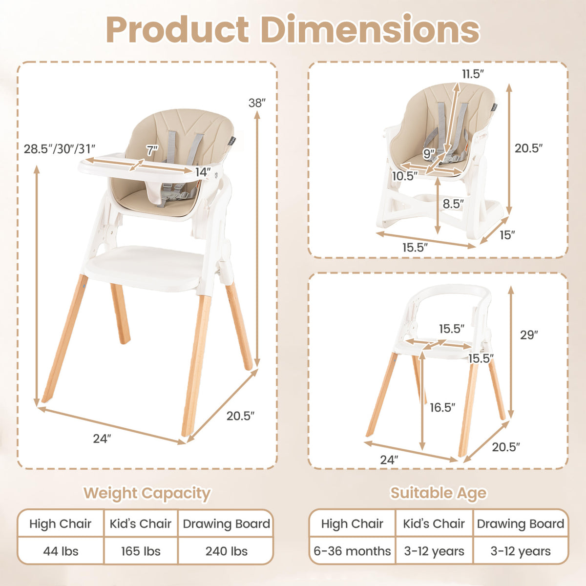 7-in-1 Convertible Foldable Baby High Chair with Adjustable Tray for Kids