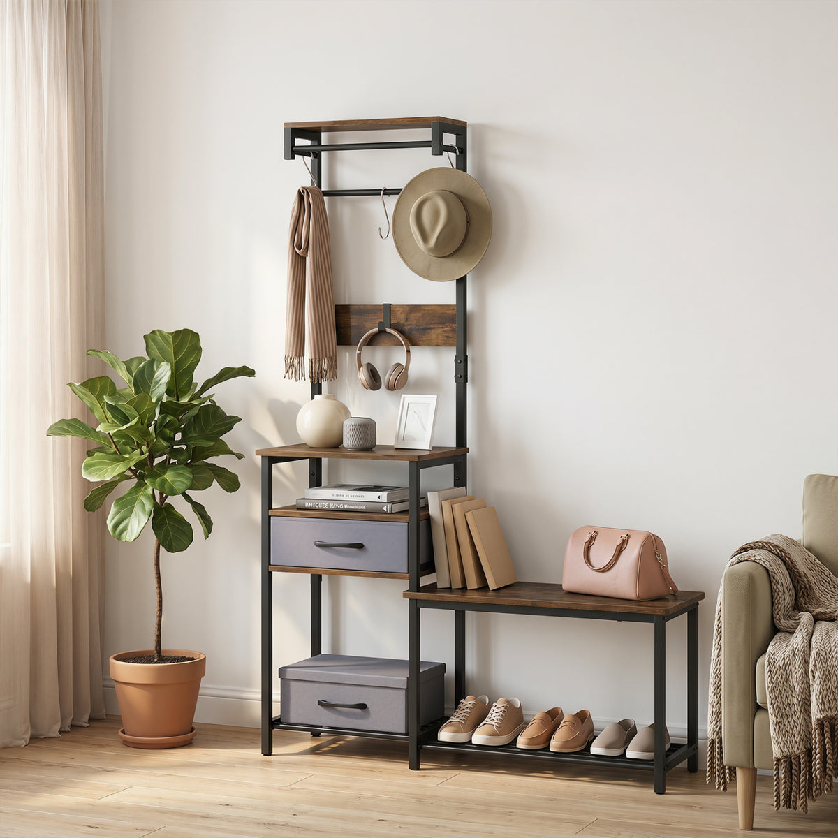 7-in-1 Hall Tree with Shoe Bench and Hooks and Removable Drawer for Entryway-Rustic Brown