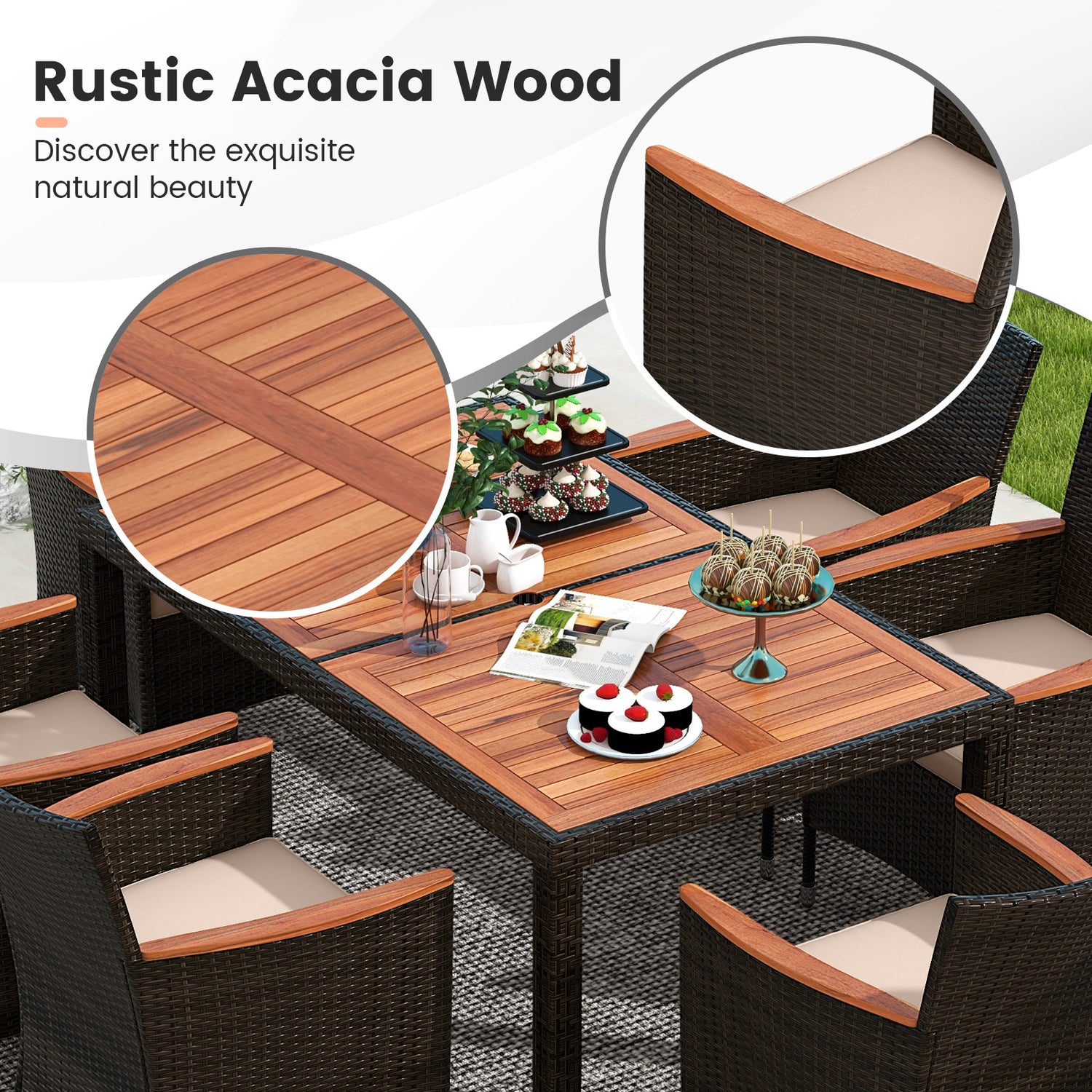 7 Pieces Garden Dining Patio Rattan Set with Cushions for Backyard