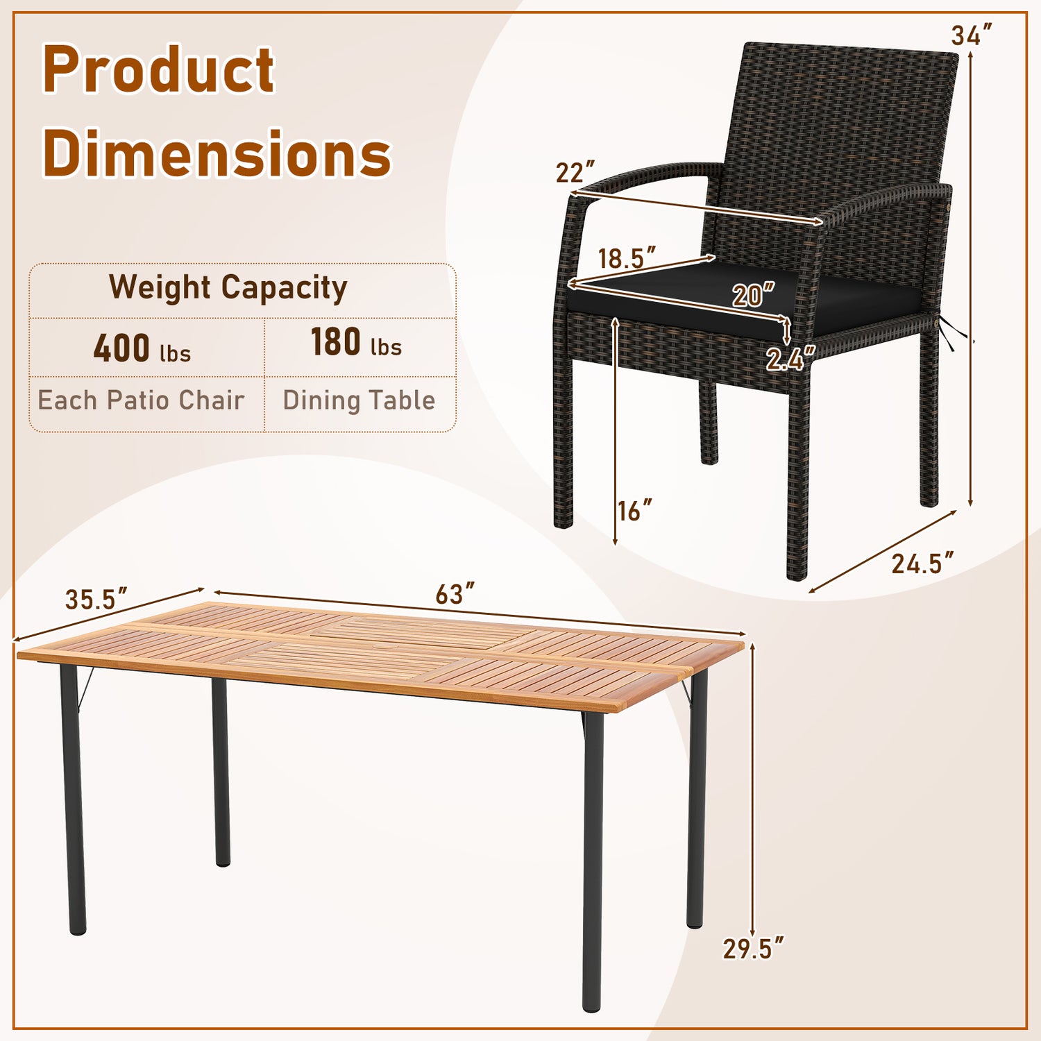 7 Pieces Patio Rattan Cushioned Dining Set with Umbrella Hole