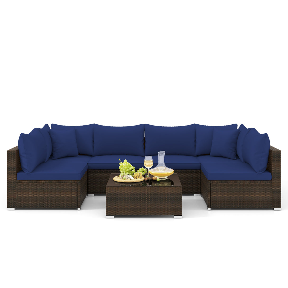 7 Pieces Patio Rattan Furniture Set with Sectional Sofa Cushions