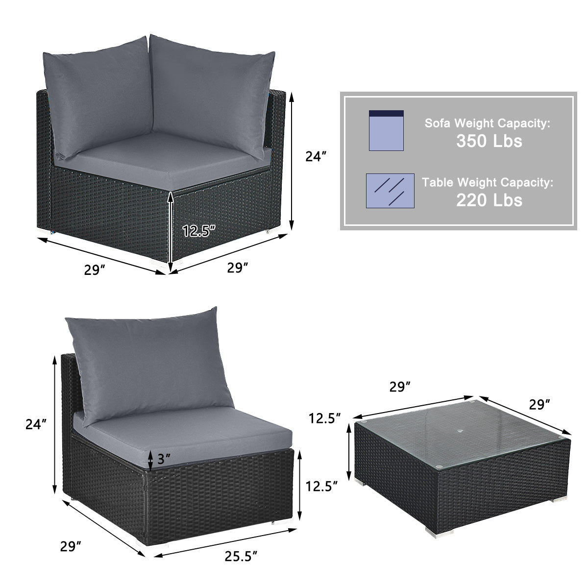 7-Piece Outdoor Sectional Wicker Patio Sofa Set with Tempered Glass Top
