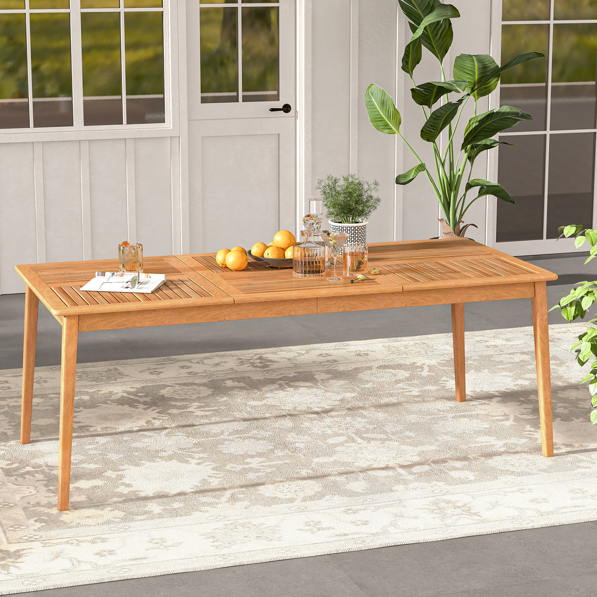 8-Person Outdoor Acacia Wood Dining Rectangular Bistro Table with Umbrella Hole
