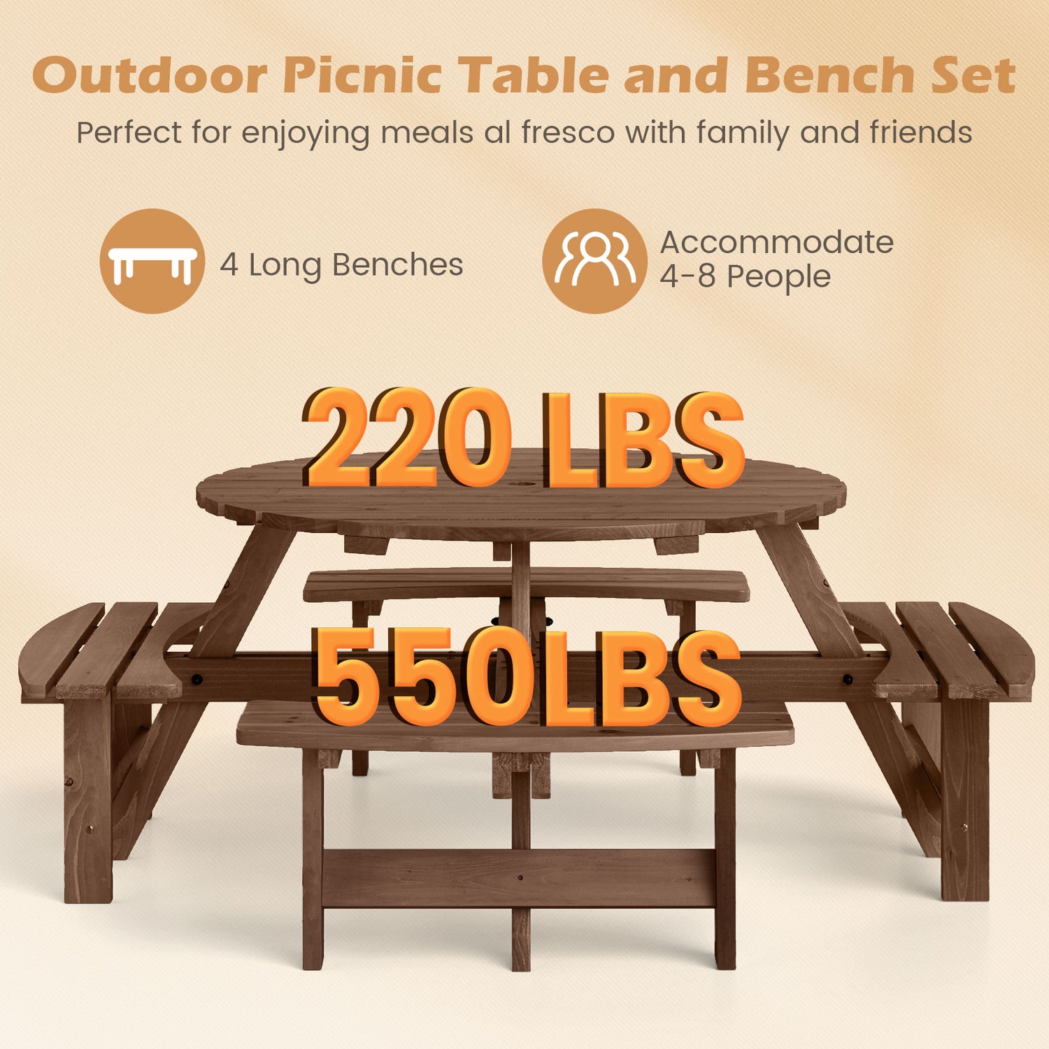 8-Person Round Picnic Table Set Circular Patio Dining Camping Table with Benches