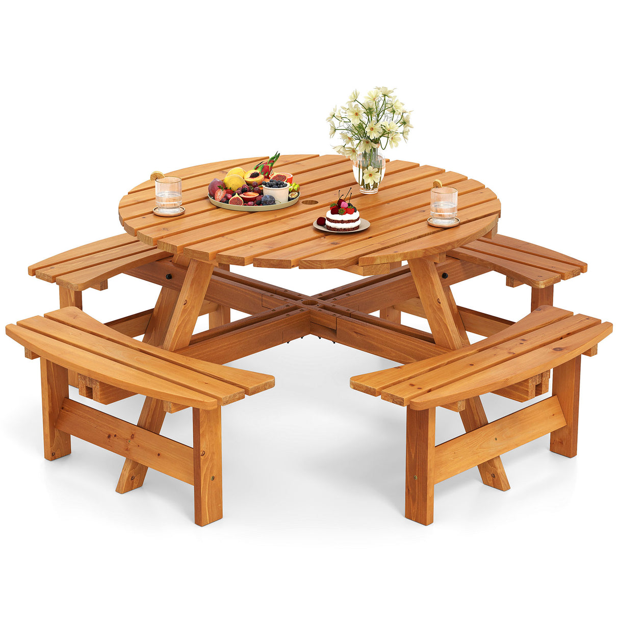 8-Person Round Picnic Table Set Circular Patio Dining Camping Table with Benches