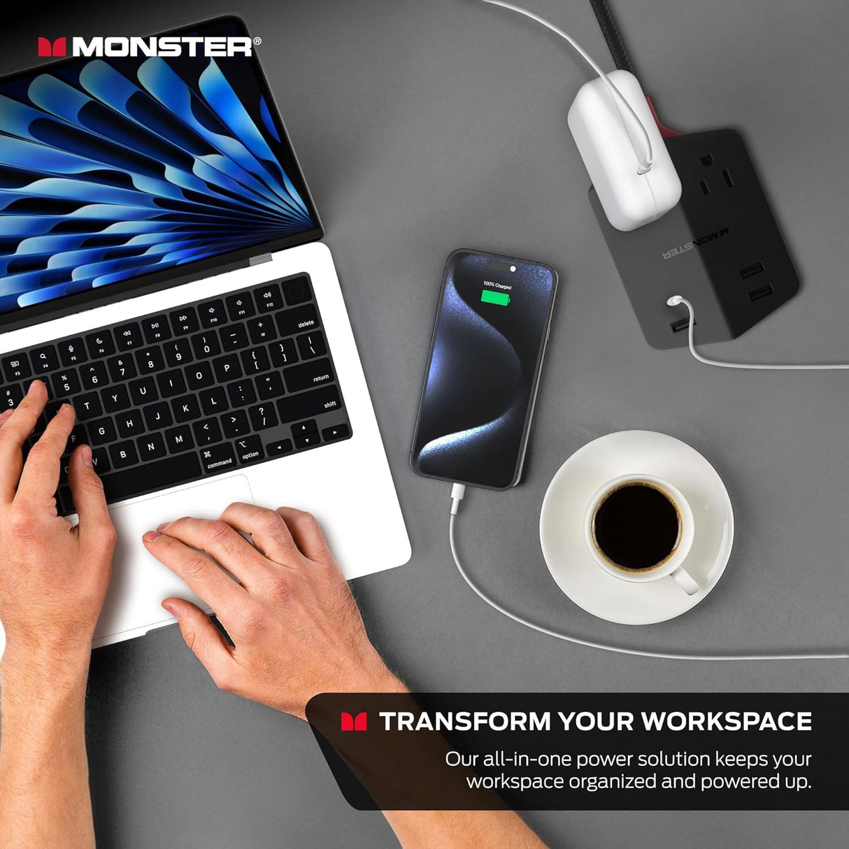 Monster Power Shield: Magnetic Wall Extender with 2 AC, 3 USB-A, 1 USB-C