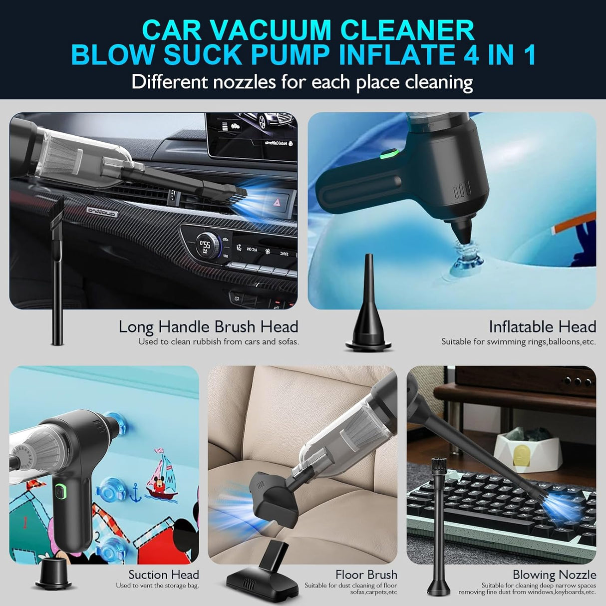 DEIFO 3-in-1 Cordless Car Vacuum: Blow, Suction, Inflate for Home & Car Cleaning
