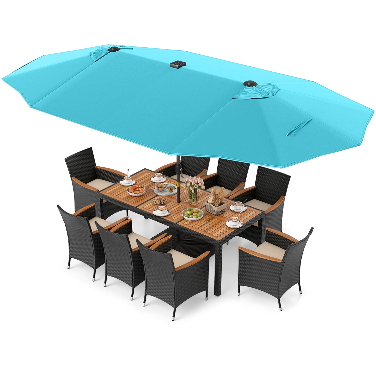 11 Pieces Patio Dining Set with LED Patio Umbrella with Base and Seat Cushions (Beige)