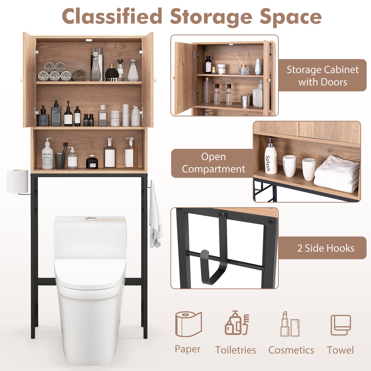 Over The Toilet Storage Cabinet with 2 Doors and Adjustable Shelf