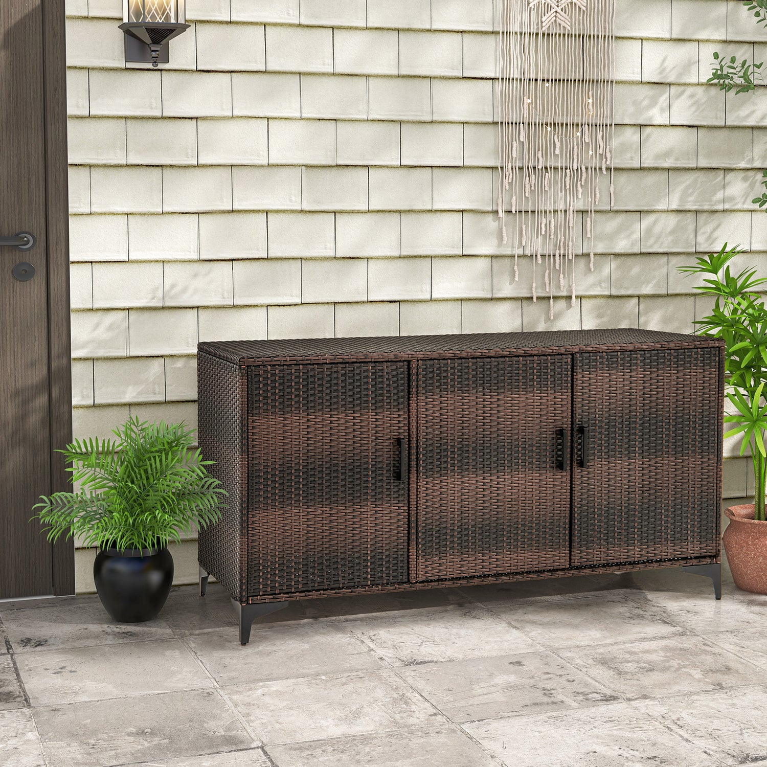 84 Gallon Patio Wicker Deck Box 3-Door PE Rattan Storage Container with Removable Shelves-Brown