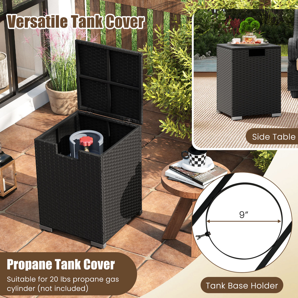 2-Piece Outdoor Rattan Fire Table Set 32 Inch Rectangle Gas Firepit with Tank Cover