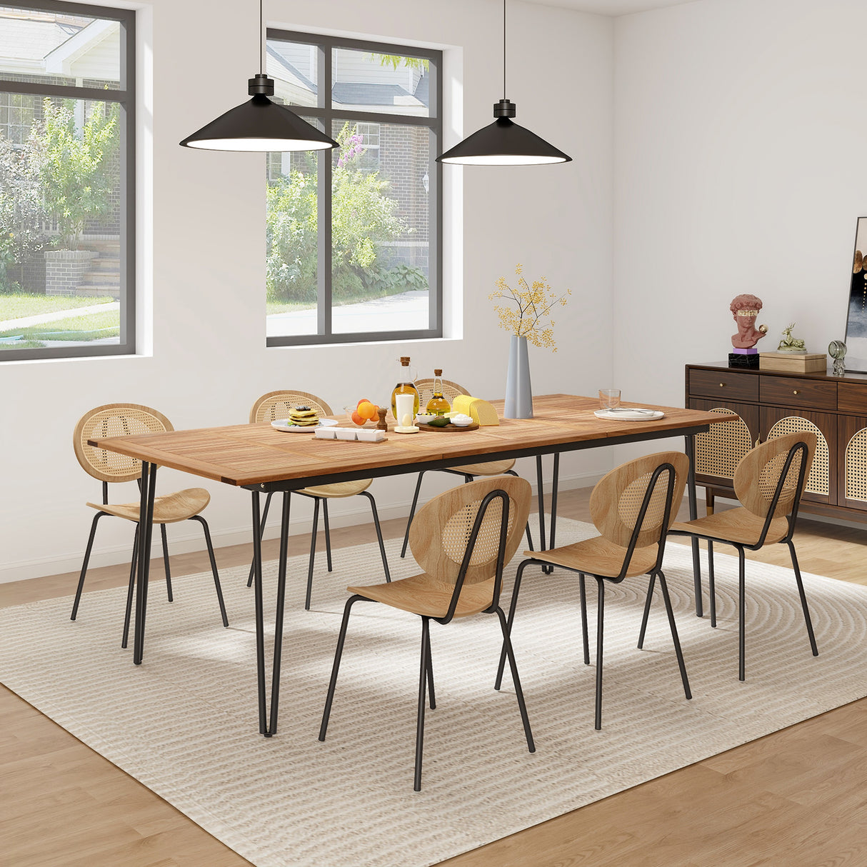 63 Inch Rectangular Outdoor Dining Table for 6 People with Acacia Wood Tabletop and Umbrella Hole