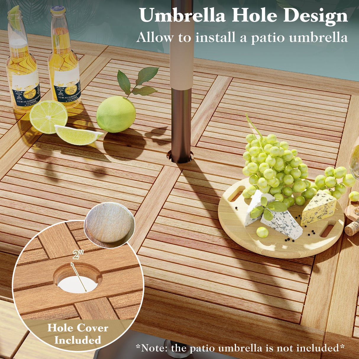 63 Inch Rectangular Outdoor Dining Table for 6 People with Acacia Wood Tabletop and Umbrella Hole