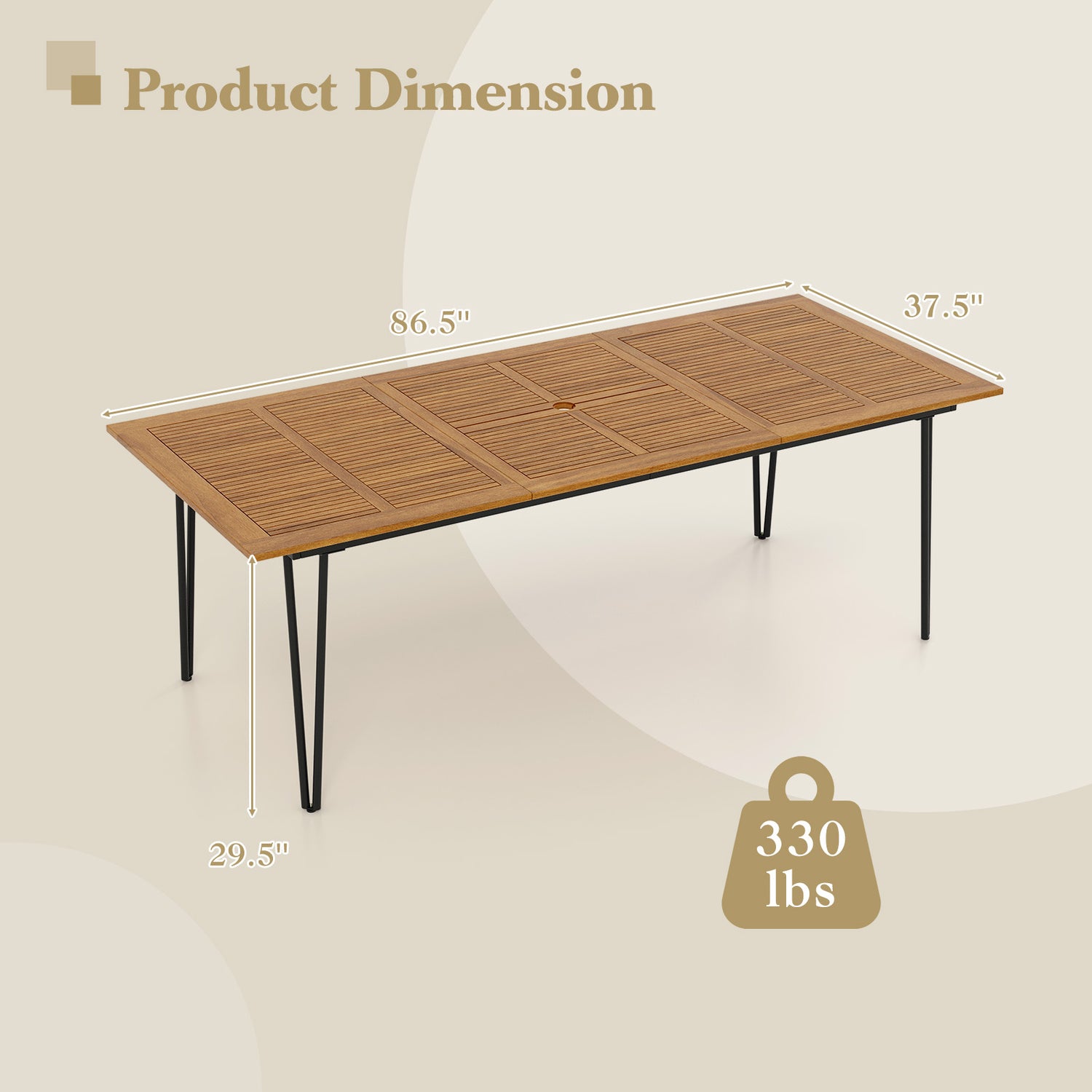 63 Inch Rectangular Outdoor Dining Table for 6 People with Acacia Wood Tabletop and Umbrella Hole