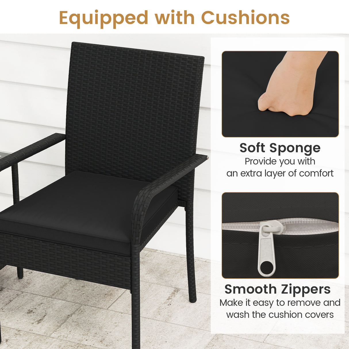 3 Piece Patio Furniture Set with Seat Cushions and Tempered Glass Tabletop