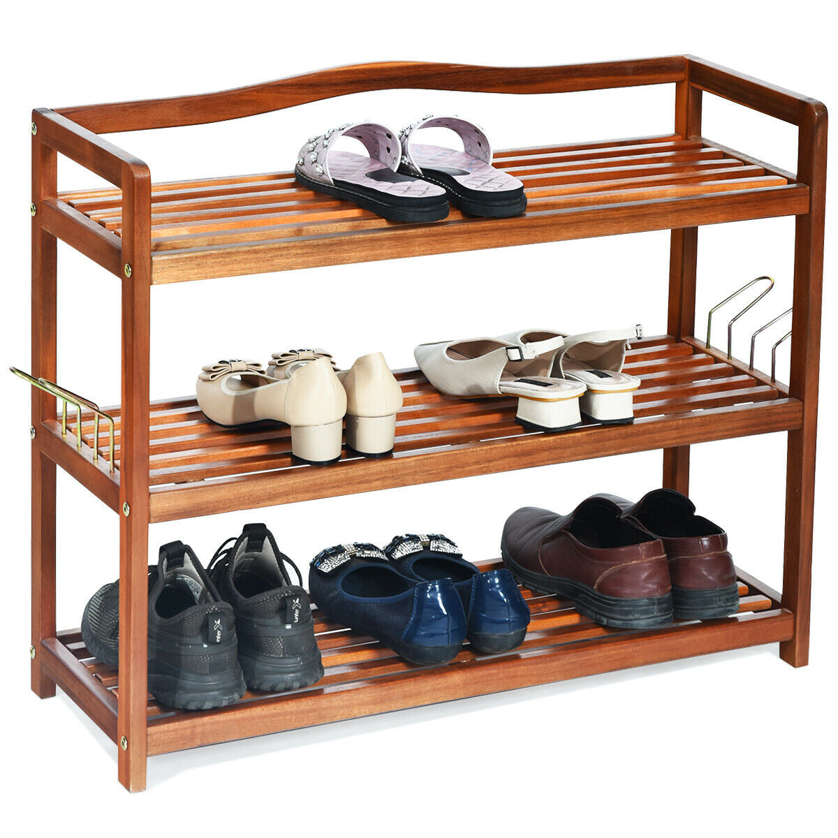 3-Tier Acacia Wood Shoe Rack with Side Metal Hooks