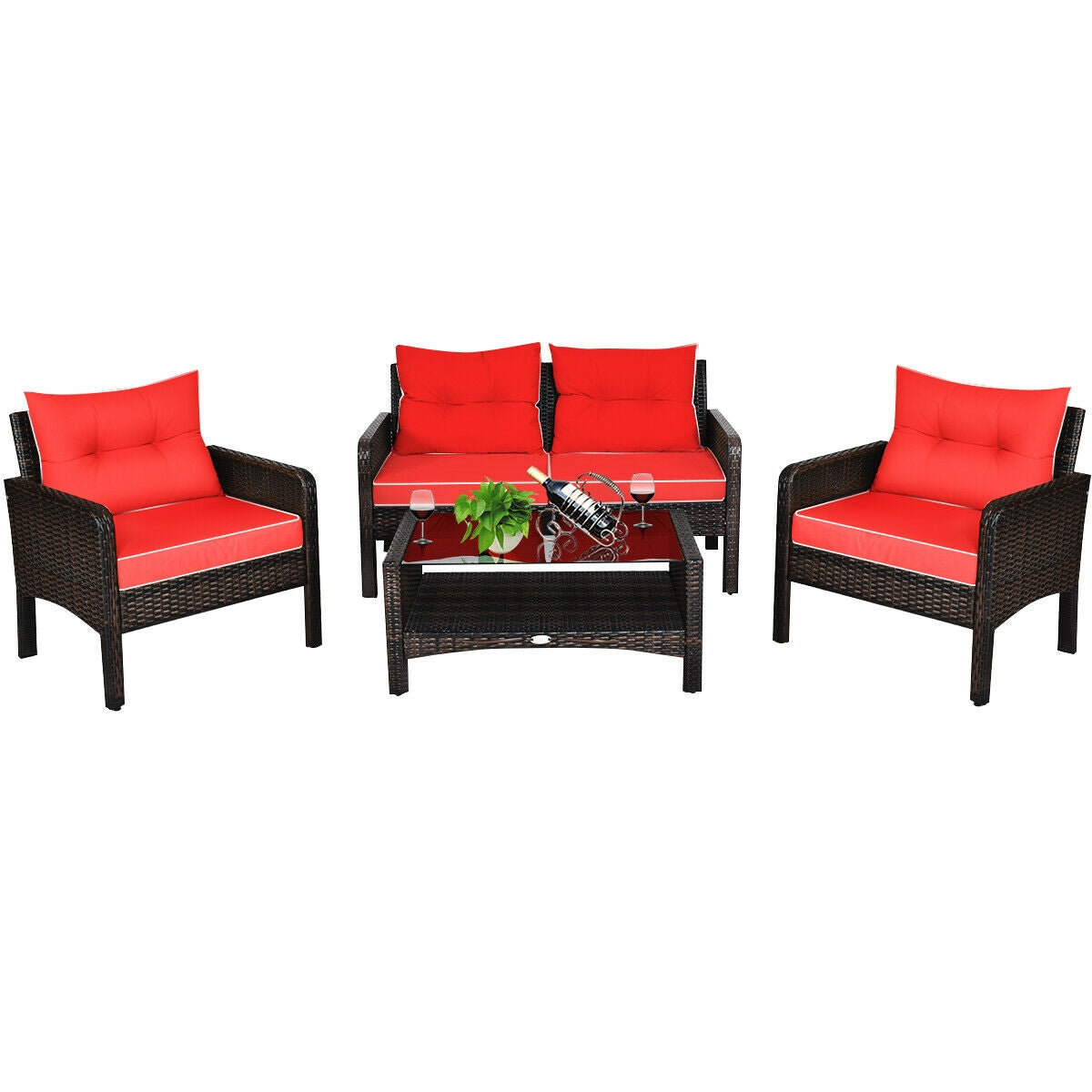4 Pieces Outdoor Rattan Wicker Loveseat Furniture Set with Cushions