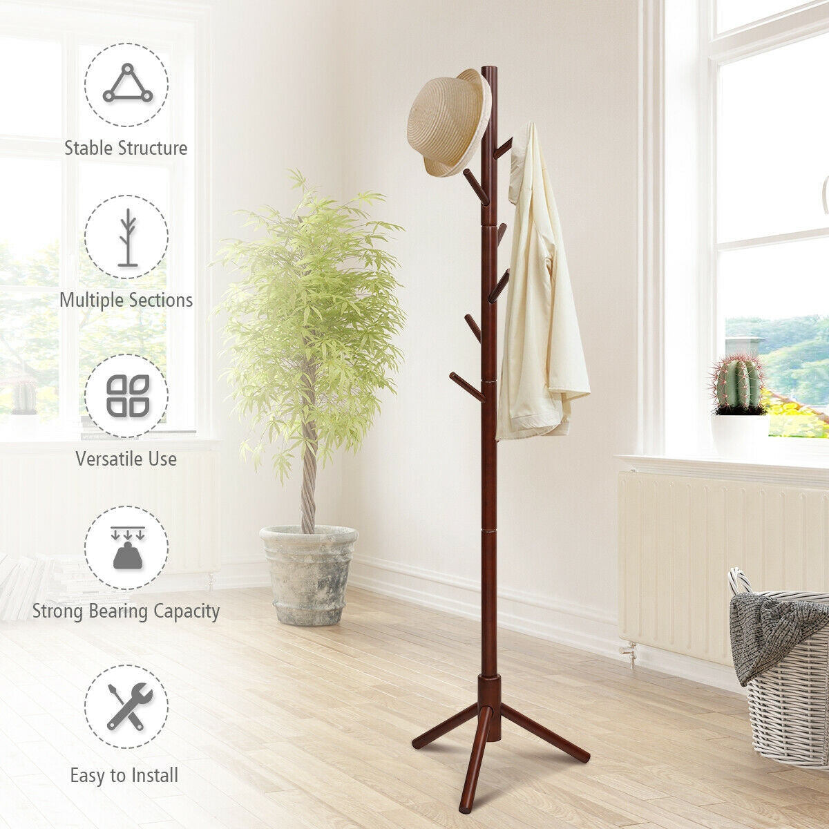2 Heights Wooden Coat Rack with 8 Hooks