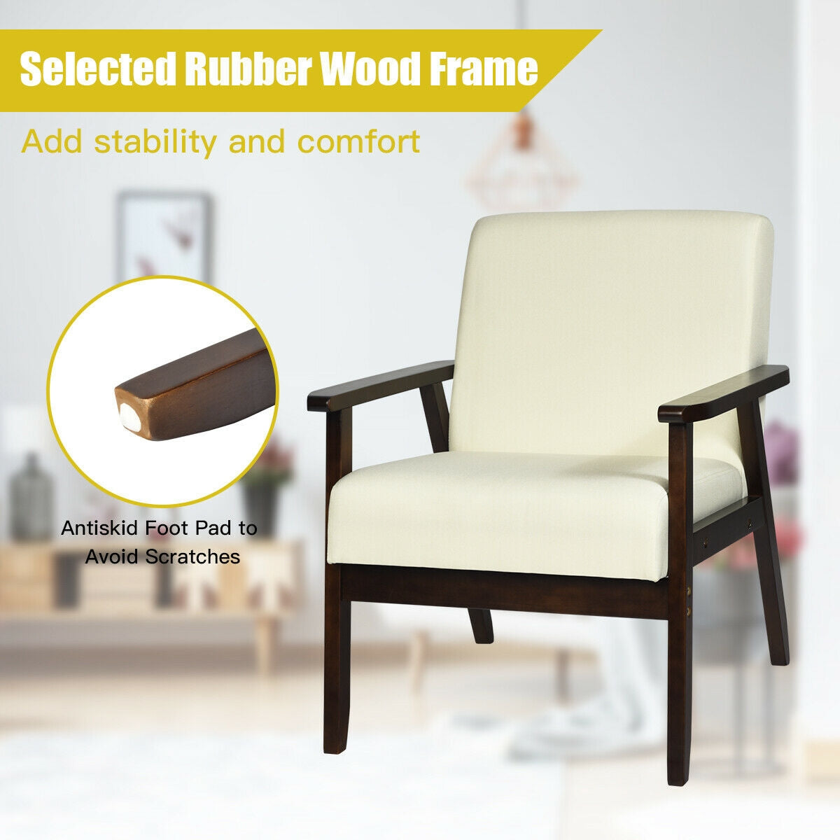 Solid Rubber Wood Fabric Accent Armchair