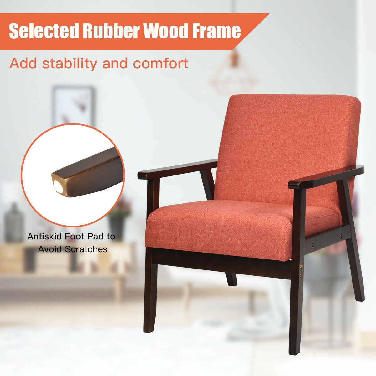 Solid Rubber Wood Fabric Accent Armchair