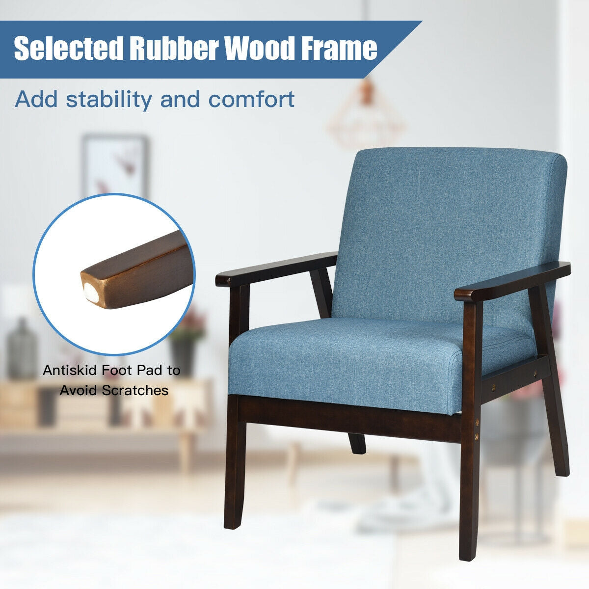 Solid Rubber Wood Fabric Accent Armchair