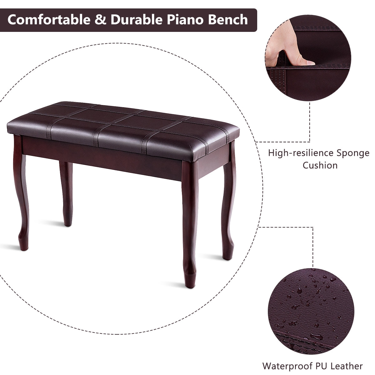 Solid Wood PU Leather Piano Bench with Storage