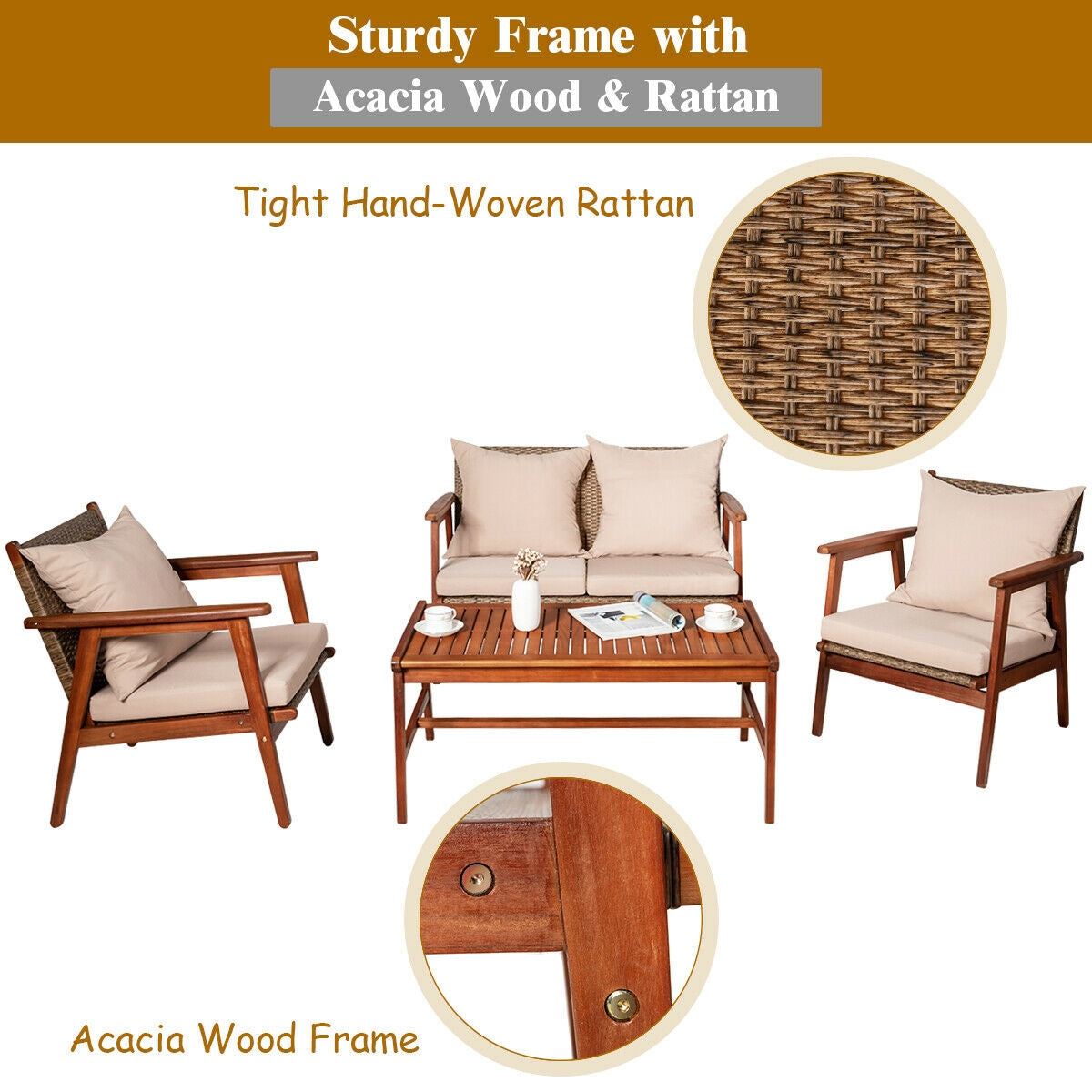 4 Pieces Acacia Wood Patio Rattan Furniture Set with Zippered Cushions