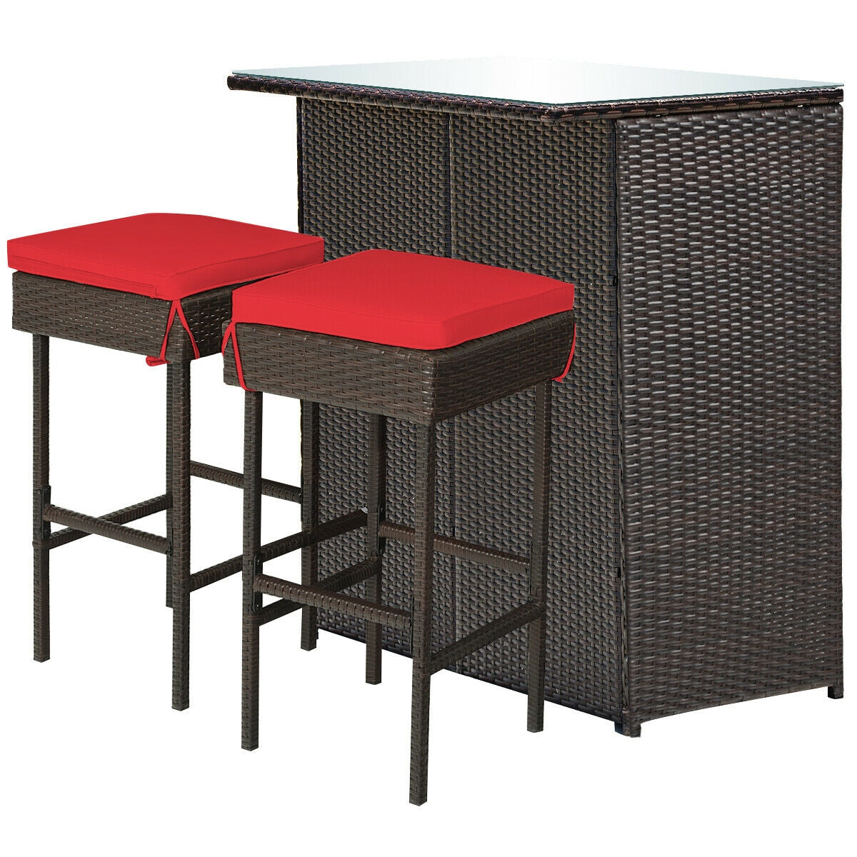 3-piece Rattan Wicker Bar Table Stools Dining Set Cushioned Chairs