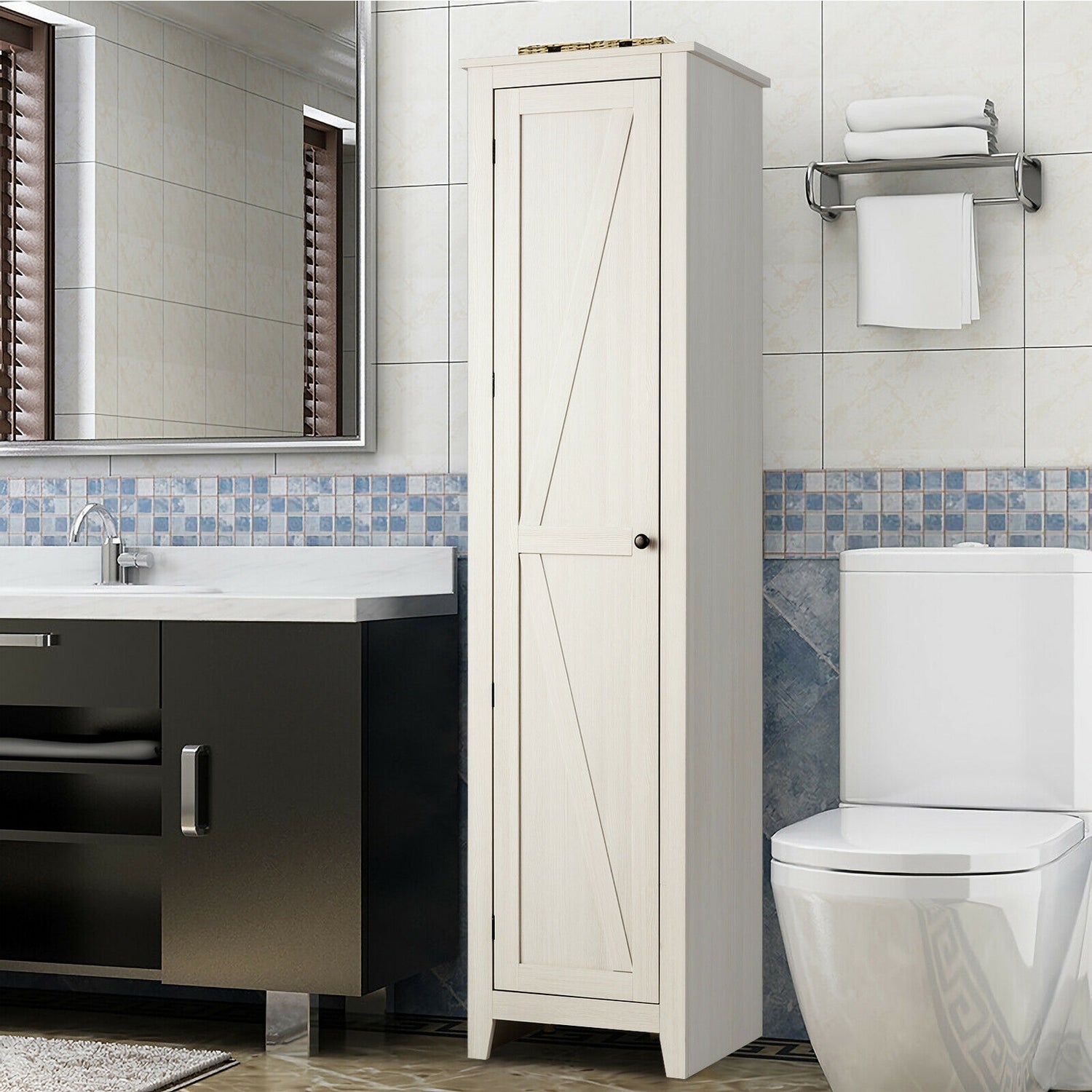 Linen Tower Bathroom Storage Cabinet Tall Slim Side Organizer with Shelf