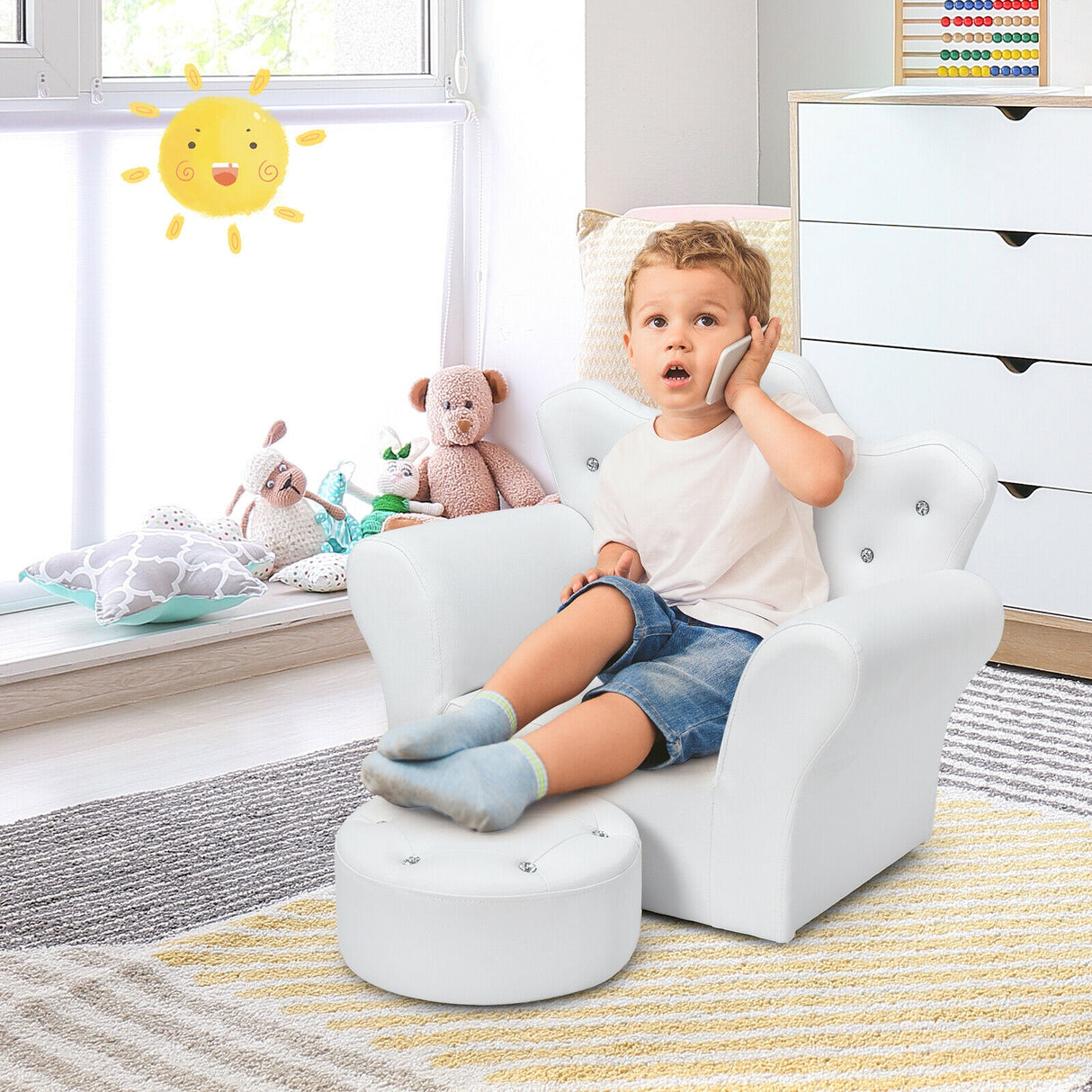 Pink Kids Sofa Armrest Couch with Ottoman