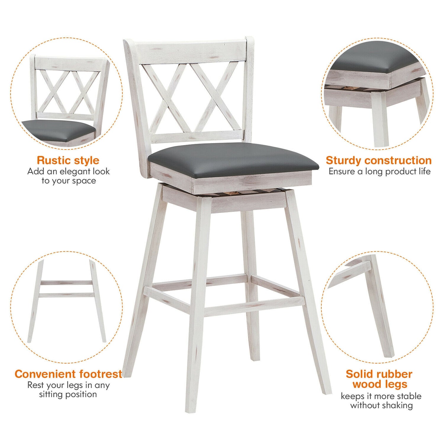 2 Pieces 29 Inches Swivel Counter Height Barstool Set with Rubber Wood Legs