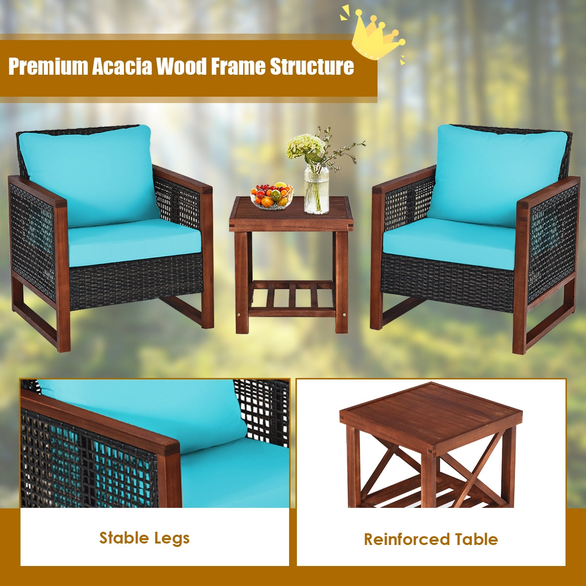 3 Pieces Patio Wicker Furniture Set with Washable Cushion and Acacia Wood Coffee Table