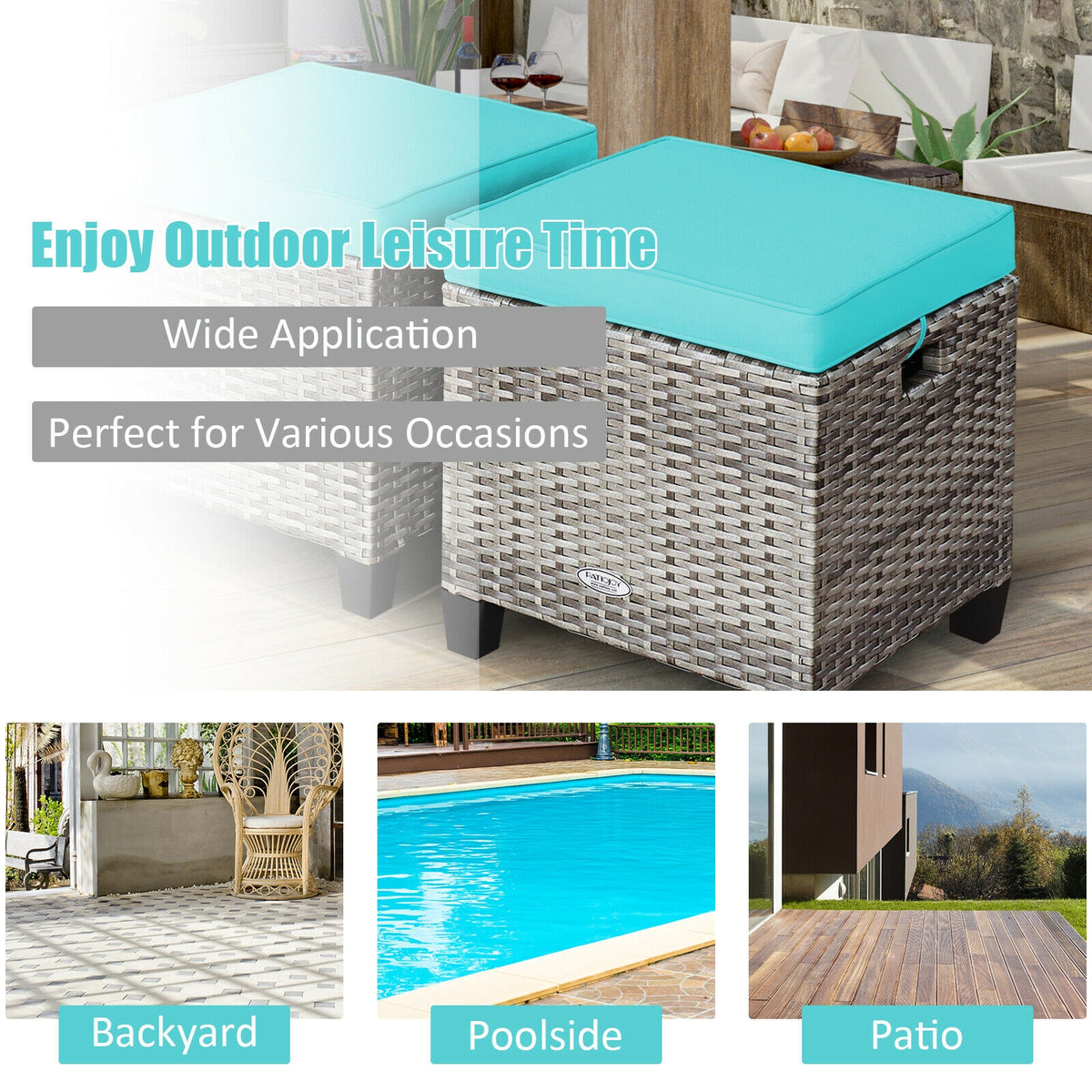 2PCS Patio Rattan Wicker Ottoman Seat with Removable Cushions