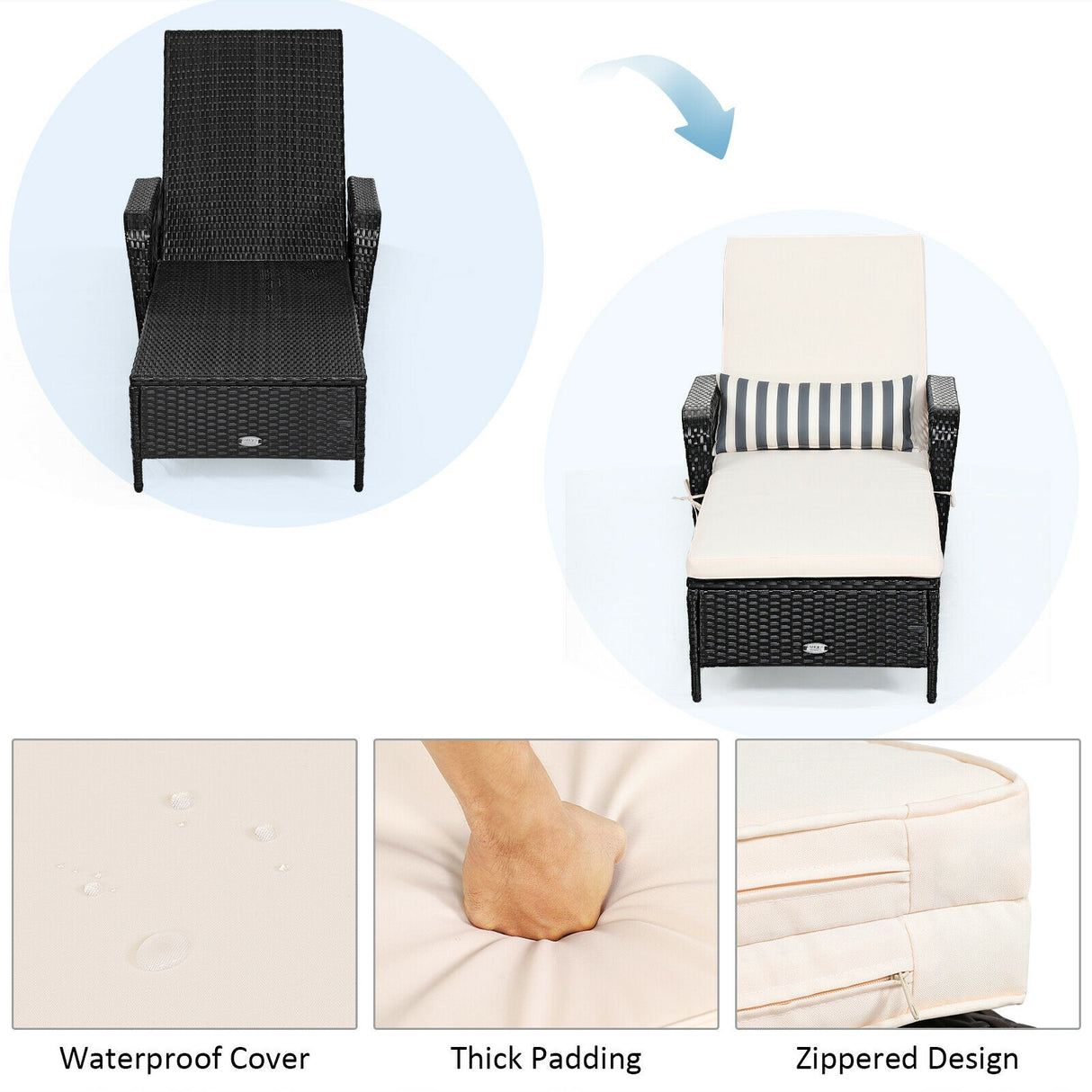 PE Rattan Chaise Lounge Chair Arm Chair Recliner Adjustable with Pillow