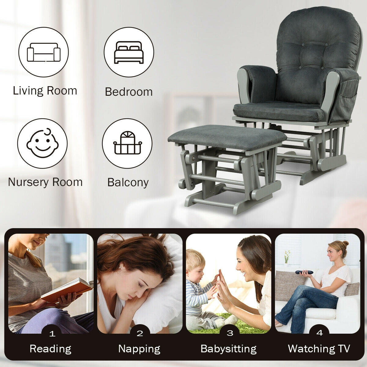 Wood Glider and Ottoman Set with Padded Armrests and Detachable Cushion
