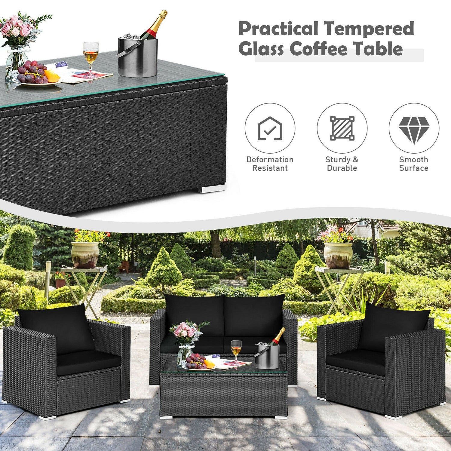 4 Pieces Patio Rattan Conversation Set with Cushions and Coffee Table