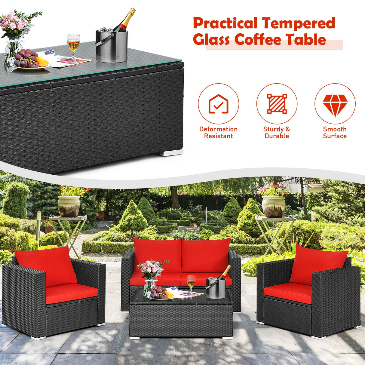 4 Pieces Patio Rattan Conversation Set with Cushions and Coffee Table