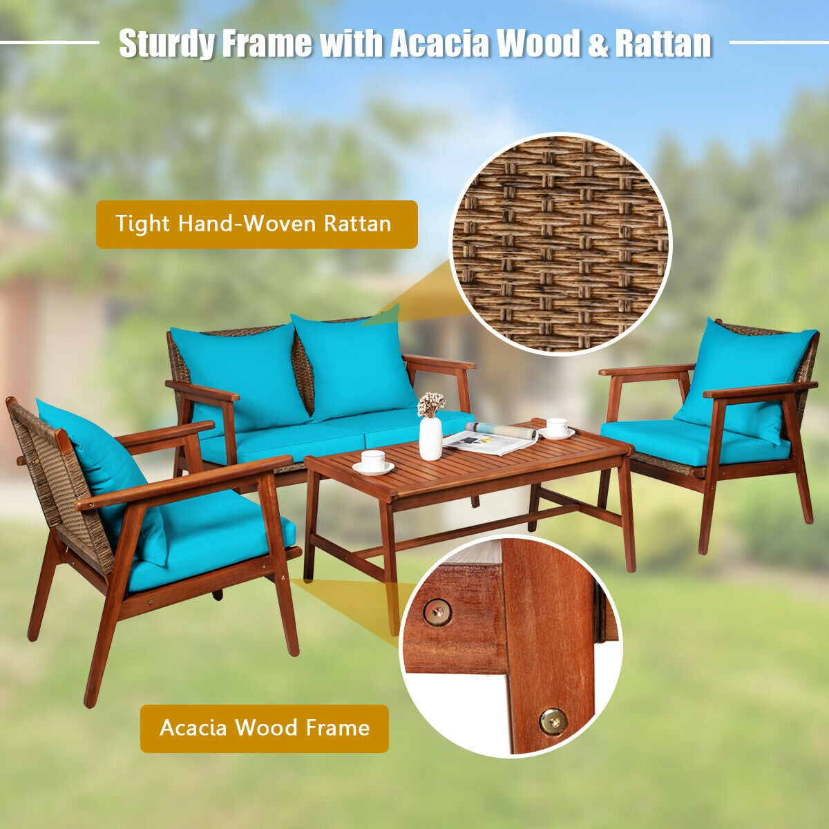 4 Pieces Acacia Wood Patio Rattan Furniture Set with Zippered Cushions