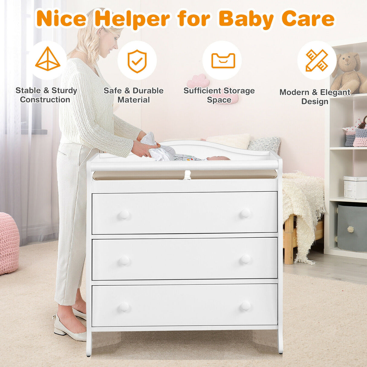 Baby Changing Table Infant Diaper with 3 Drawers and Safety Belt