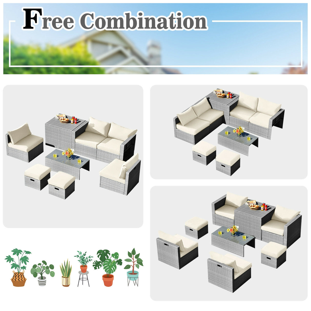 8 Pieces Patio Rattan Furniture Set with Storage Waterproof Cover and Cushion