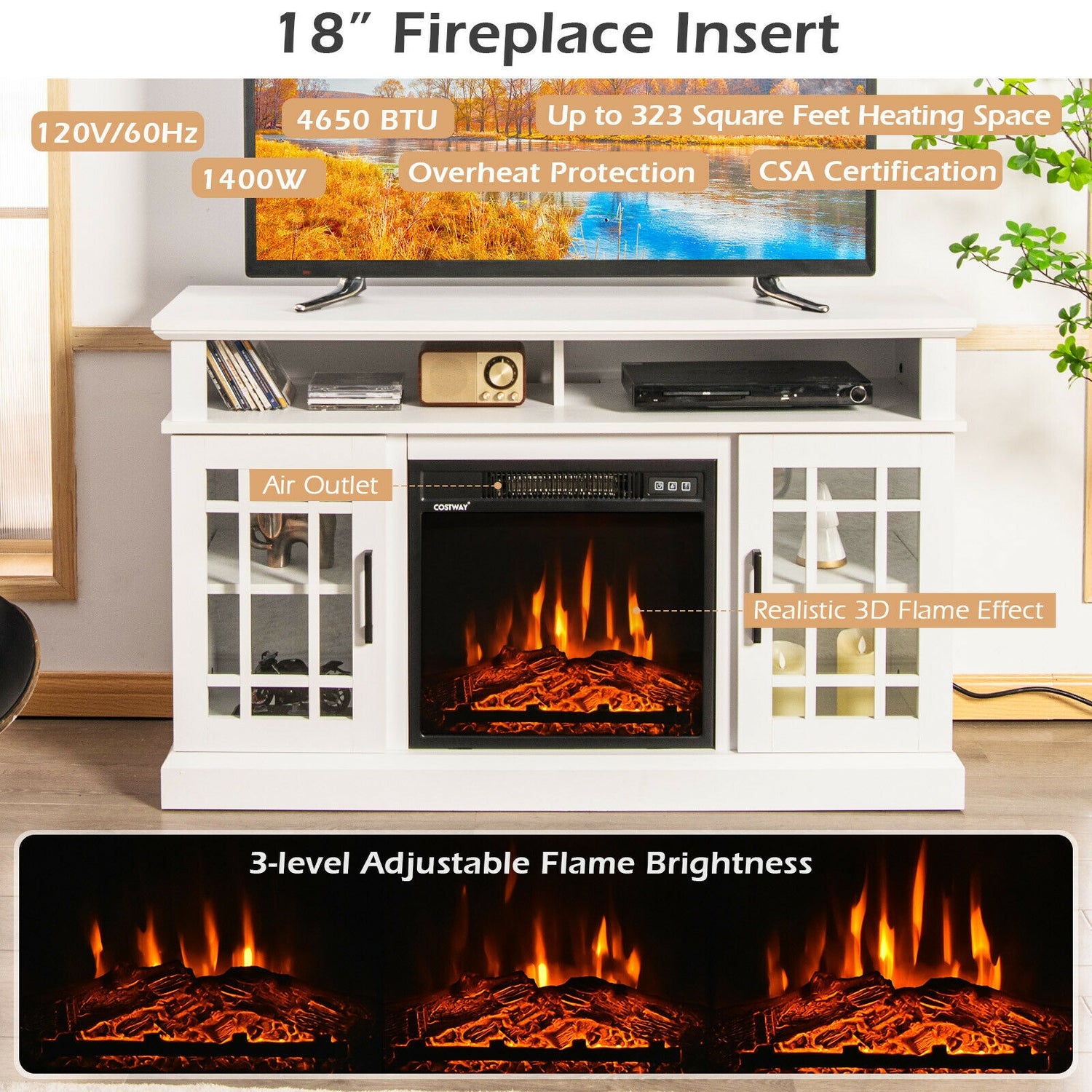 48 Inch Electric Fireplace TV Stand with Cabinets for TVs Up to 55 Inch