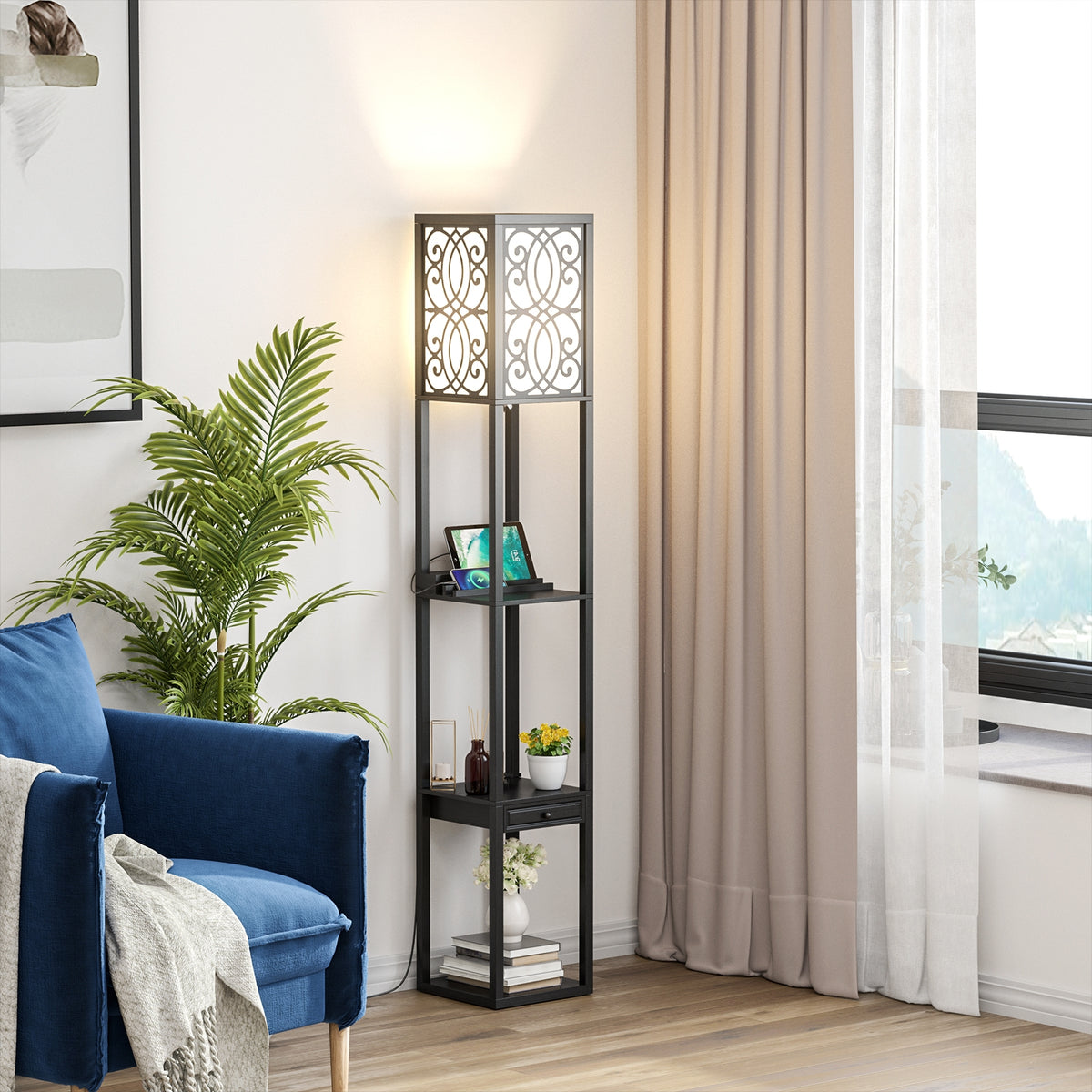 Modern Standing Shelf Lamp with 1 Power Outlet and 2 USB Ports