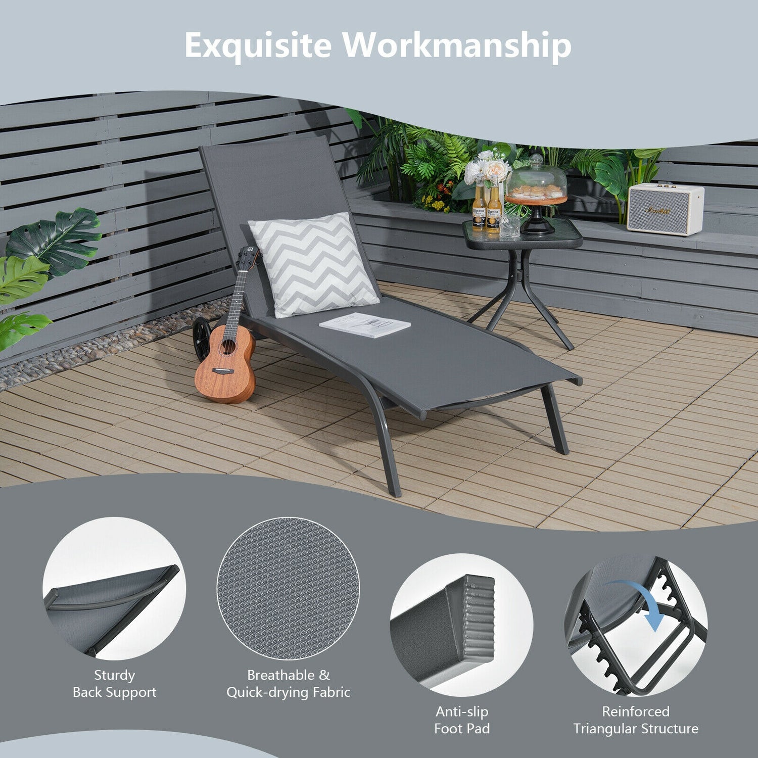6-Poisition Adjustable Outdoor Chaise Recliner with Wheels