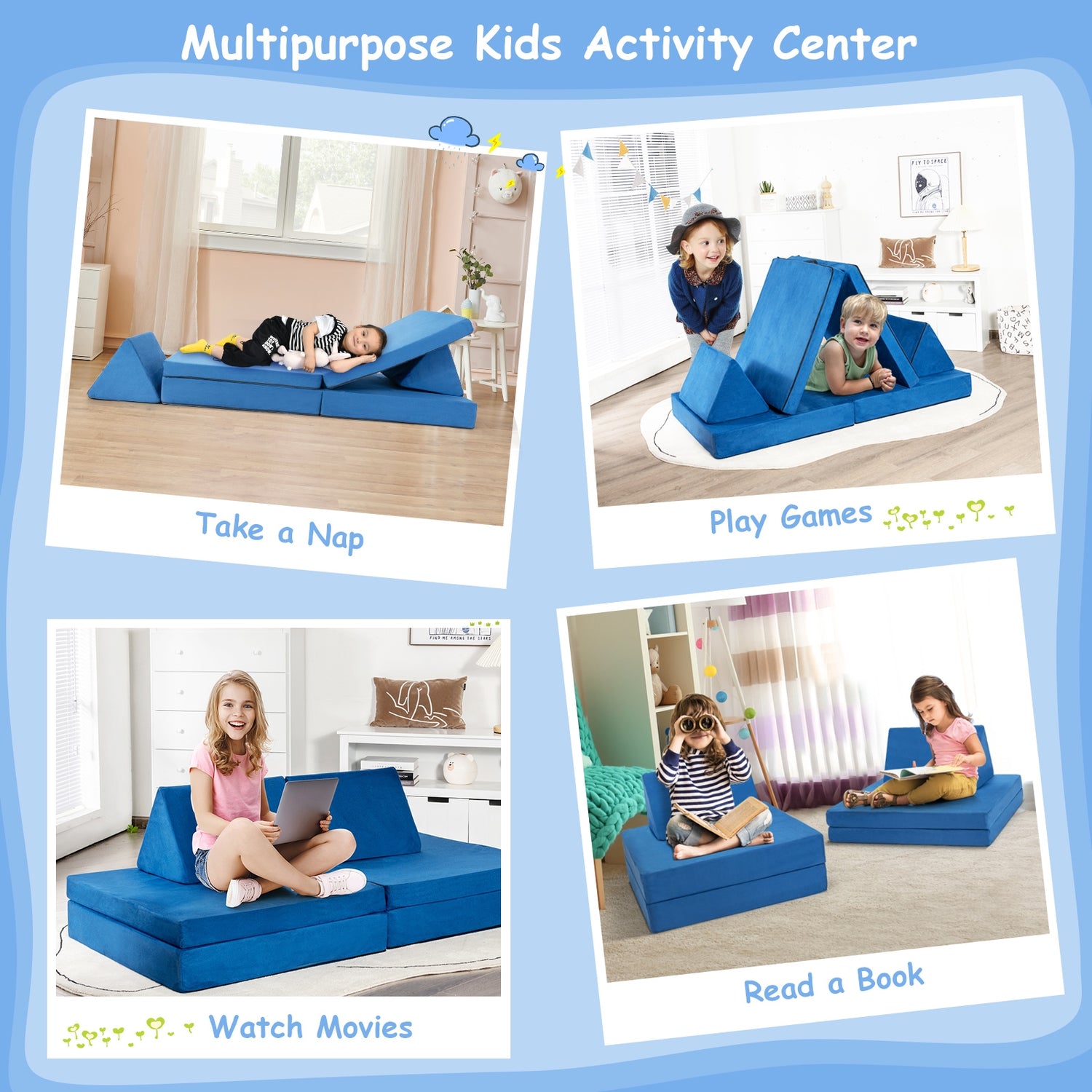 4-Piece Convertible Kids Couch Set with 2 Folding Mats