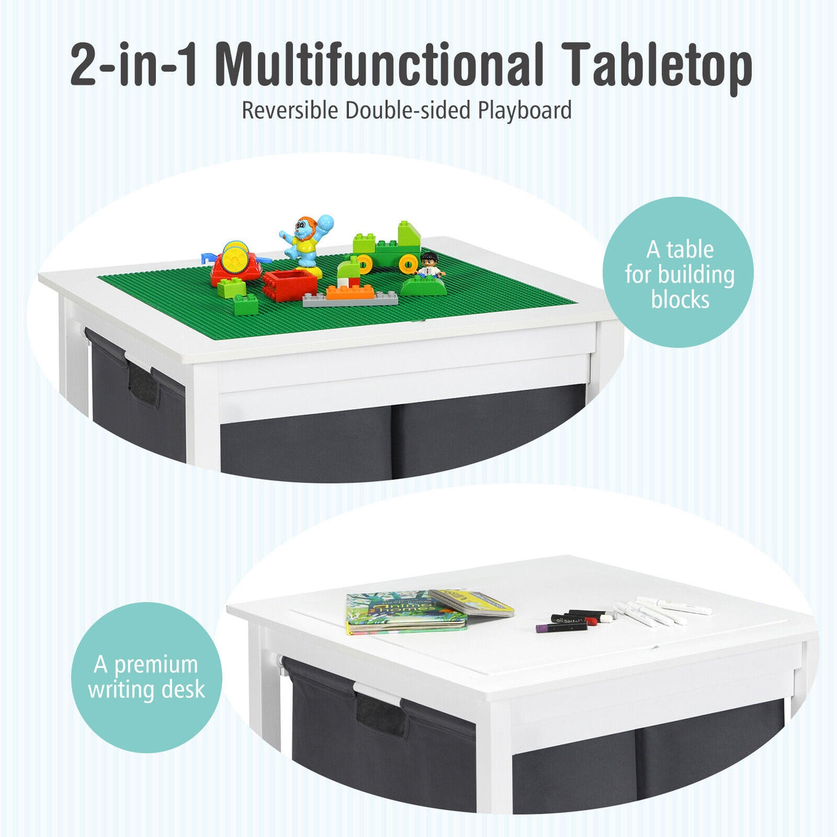 2-in-1 Kids Double-sided Activity Building Block Table with Drawers