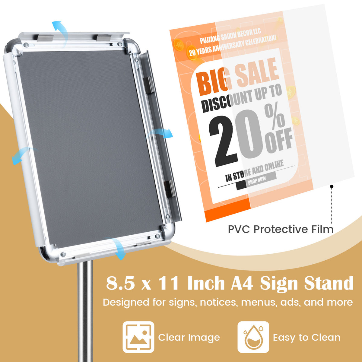 8.5 x 11Inch Sign Holder Stand with Snap-Open Frame and 360° Rotation